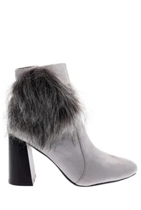 Grey Faux Suede Ankle Boots With Pom Pom Detail