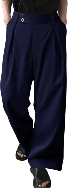 OYOANGLE Men's Pleated High Waist Wide Leg Pants Loose Fit Casual Pants with Pocket